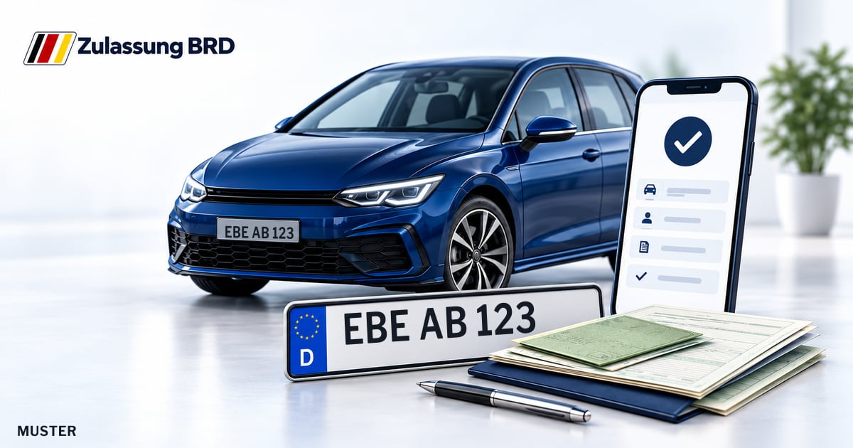 Online Fahrzeugzulassung in Ebersberg: Musterkennzeichen EBE AB 123, Auto und Fahrzeugpapiere und Smartphone. Illustration mit Logo von Zulassung BRD.